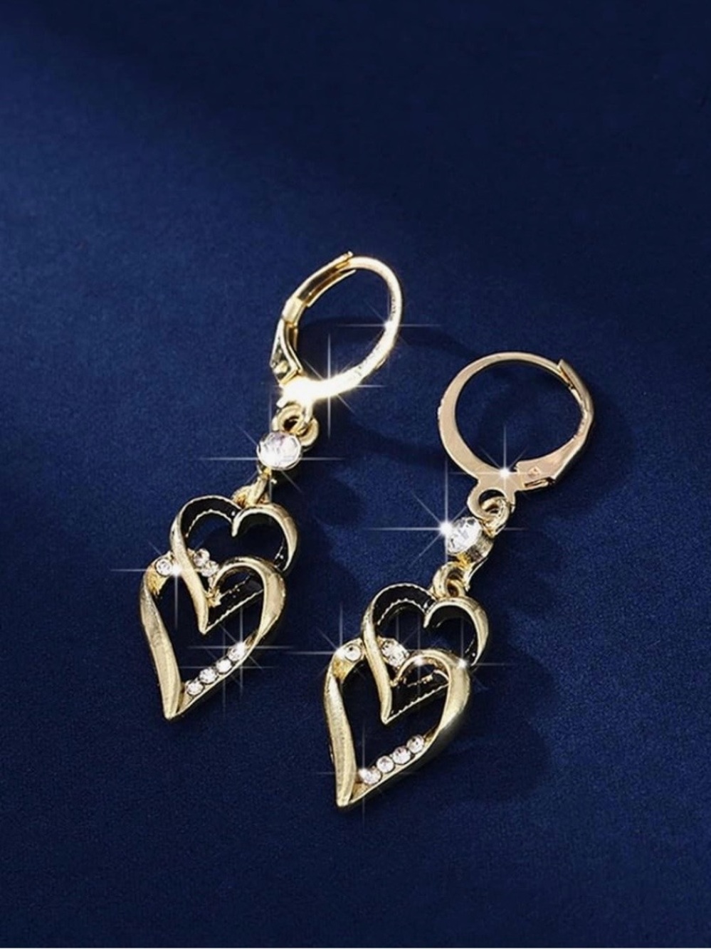 Delicate Gold Double-Heart Drop Earrings with Crystal Accents